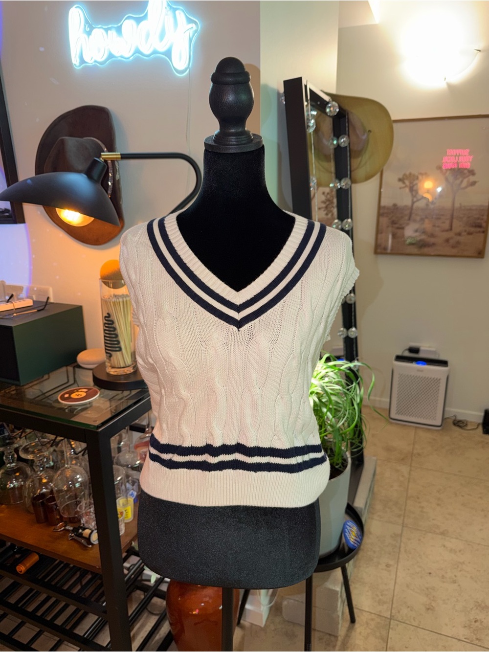 Olivaceous Cream Cable-Knit V-Neck Sweater Vest with Navy Trim